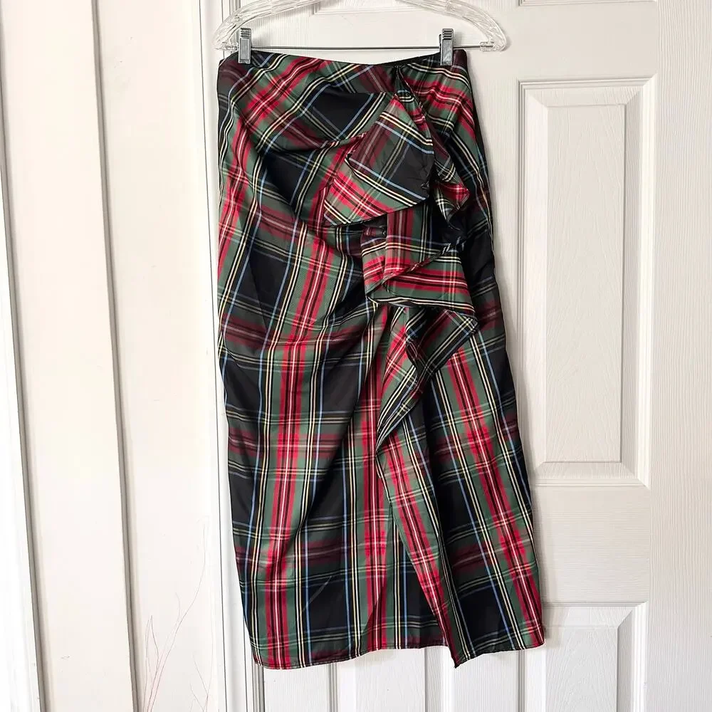 J. Crew Collection NWOT Stewart Black Red Green Tartan Long Ruffle Skirt 6 BD527